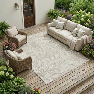 9 X 12 Ivory Silver Floral Polyester Area Rug Washable for Patio Porch or Living Room