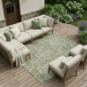 10 X 14 Olive Floral Polyester Area Rug Washable Stain Resistant Indoor Outdoor Use