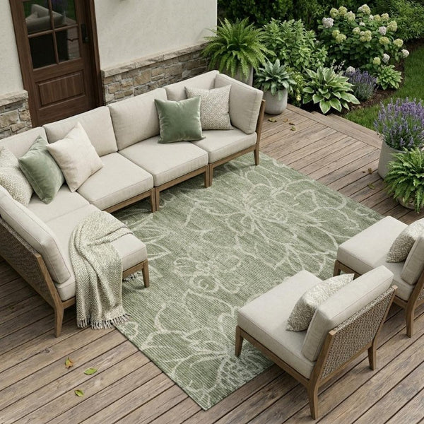 10 X 14 Olive Floral Polyester Area Rug Washable Stain Resistant Indoor Outdoor Use