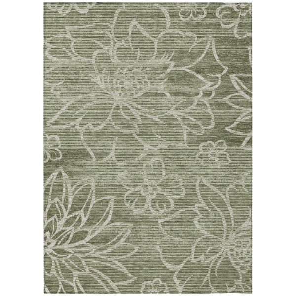 HomeRoots 10 X 14 Olive Floral Polyester Area Rug Washable Stain Resistant Indoor Outdoor Use 741470