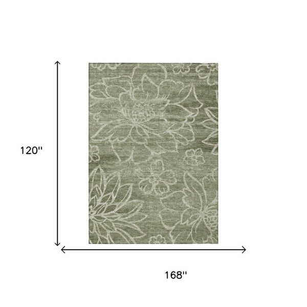 10 X 14 Olive Floral Polyester Area Rug Washable Stain Resistant Indoor Outdoor Use