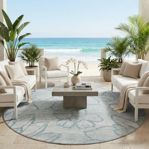 8 Foot Round Floral Polyester Area Rug in Silver Gray for Indoor Outdoor Use