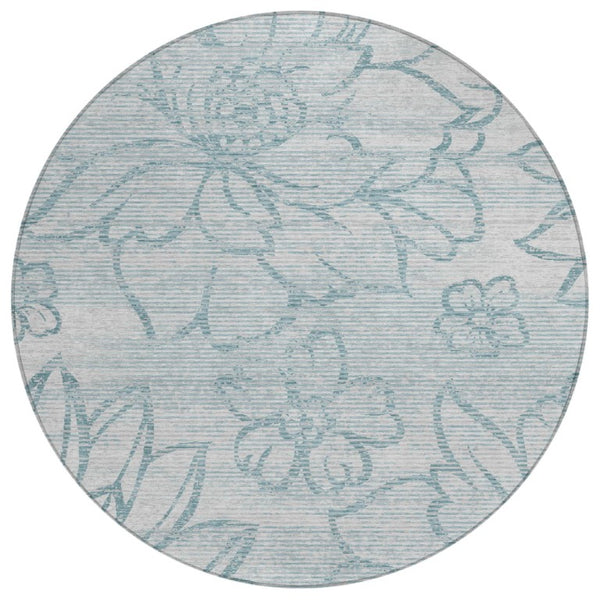 HomeRoots 8 Foot Round Floral Polyester Area Rug in Silver Gray for Indoor Outdoor Use 741479