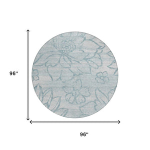 8 Foot Round Floral Polyester Area Rug in Silver Gray for Indoor Outdoor Use