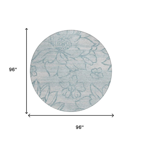 8 Foot Round Floral Polyester Area Rug in Silver Gray for Indoor Outdoor Use