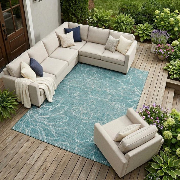 9 X 12 Teal Floral Polyester Area Rug Washable Stain Resistant Indoor Outdoor Use