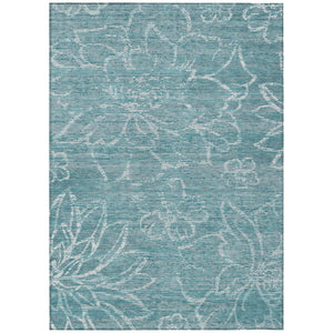 HomeRoots 9 X 12 Teal Floral Polyester Area Rug Washable Stain Resistant Indoor Outdoor Use 741487
