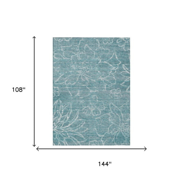 9 X 12 Teal Floral Polyester Area Rug Washable Stain Resistant Indoor Outdoor Use