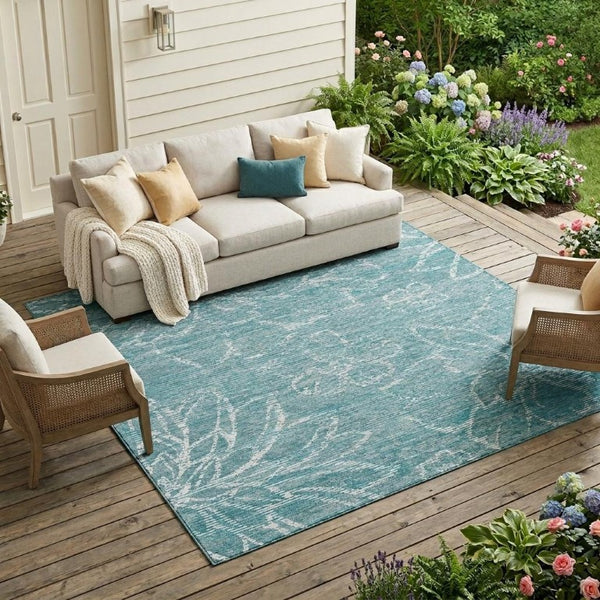10 X 14 Teal Floral Polyester Area Rug Washable Stain Resistant for Patio or Living Room