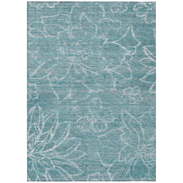 HomeRoots 10 X 14 Teal Floral Polyester Area Rug Washable Stain Resistant for Patio or Living Room 741488