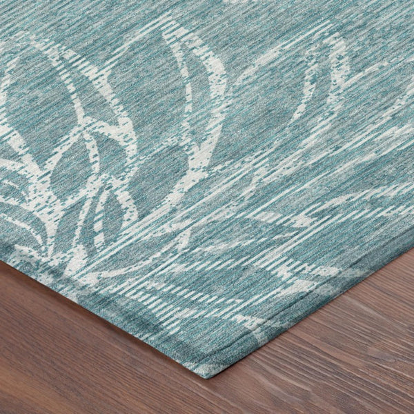 10 X 14 Teal Floral Polyester Area Rug Washable Stain Resistant for Patio or Living Room