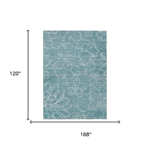 10 X 14 Teal Floral Polyester Area Rug Washable Stain Resistant for Patio or Living Room