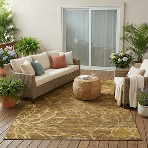 5x8 Walnut Gold Floral Polyester Area Rug Stain Resistant for Indoor Outdoor Use
