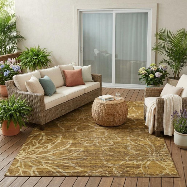 5x8 Walnut Gold Floral Polyester Area Rug Stain Resistant for Indoor Outdoor Use