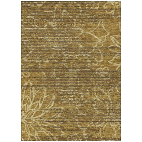 HomeRoots 5x8 Walnut Gold Floral Polyester Area Rug Stain Resistant for Indoor Outdoor Use 741490