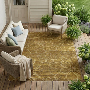 8 X 10 Floral Polyester Area Rug Walnut Gold Washable for Indoor Outdoor Use