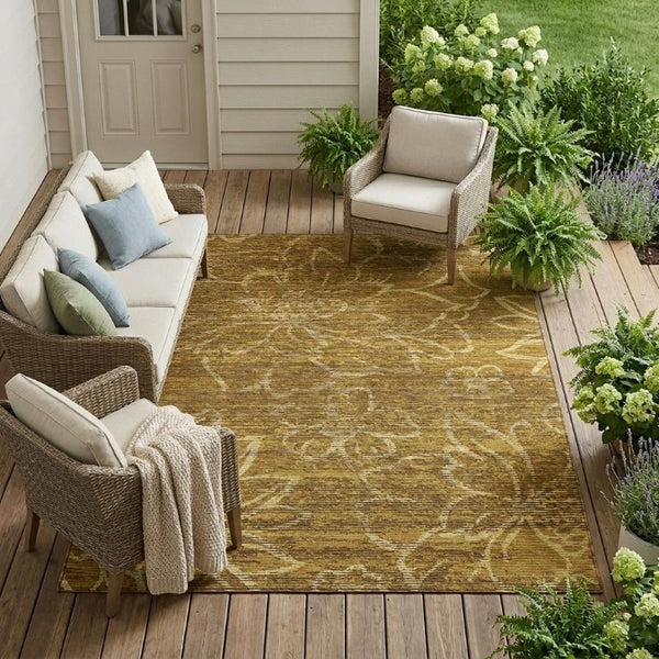 8 X 10 Floral Polyester Area Rug Walnut Gold Washable for Indoor Outdoor Use