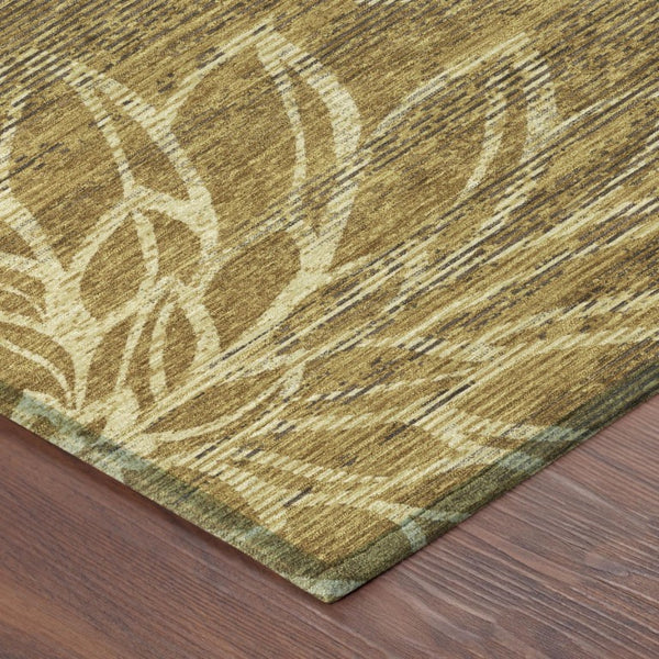 8 X 10 Floral Polyester Area Rug Walnut Gold Washable for Indoor Outdoor Use