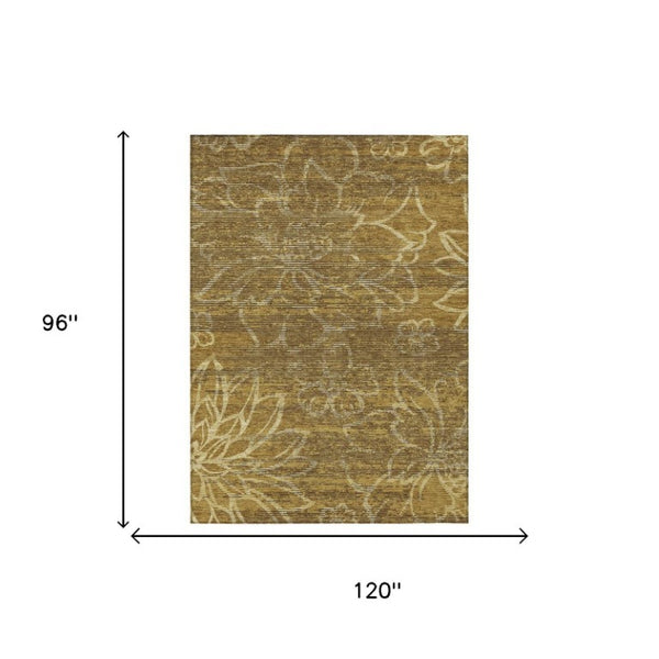 8 X 10 Floral Polyester Area Rug Walnut Gold Washable for Indoor Outdoor Use