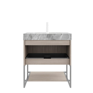 English Elm Yolan 30 Inch Freestanding Bathroom Vanity Plywood Cabinet Sintered Stone Top Oak Finish W2615S00654