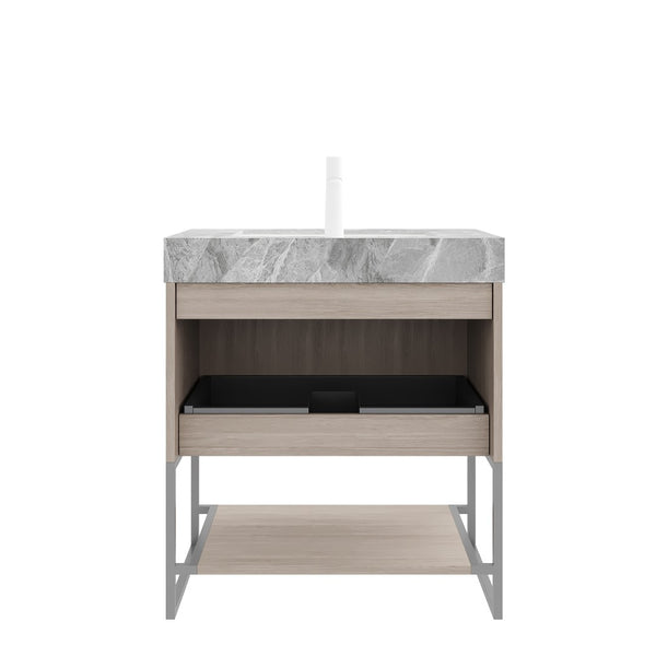 English Elm Yolan 30 Inch Freestanding Bathroom Vanity Plywood Cabinet Sintered Stone Top Oak Finish W2615S00654