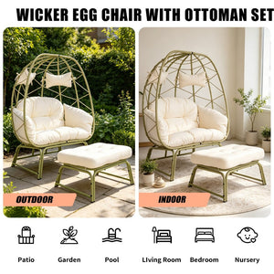 English Elm Double Outdoor Egg Chair with Ottoman Hand Woven Pe Rattan Two Person Patio Lounge T5880P501481