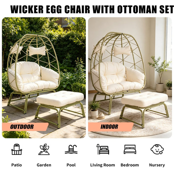 English Elm Double Outdoor Egg Chair with Ottoman Hand Woven Pe Rattan Two Person Patio Lounge T5880P501481