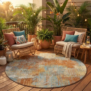8 Foot Round Abstract Polyester Area Rug Washable Indoor Outdoor Rust Orange