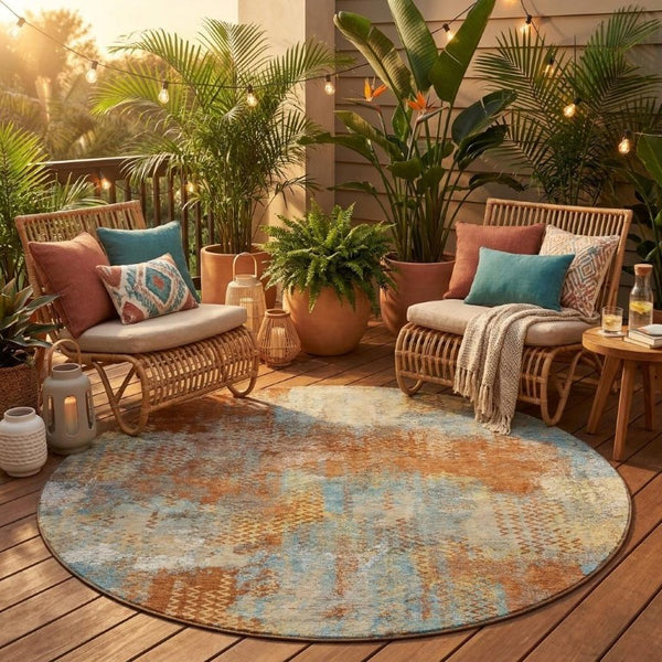 8 Foot Round Abstract Polyester Area Rug Washable Indoor Outdoor Rust Orange