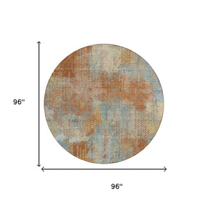 8 Foot Round Abstract Polyester Area Rug Washable Indoor Outdoor Rust Orange