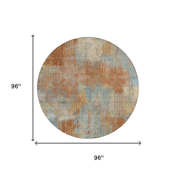 8 Foot Round Abstract Polyester Area Rug Washable Indoor Outdoor Rust Orange