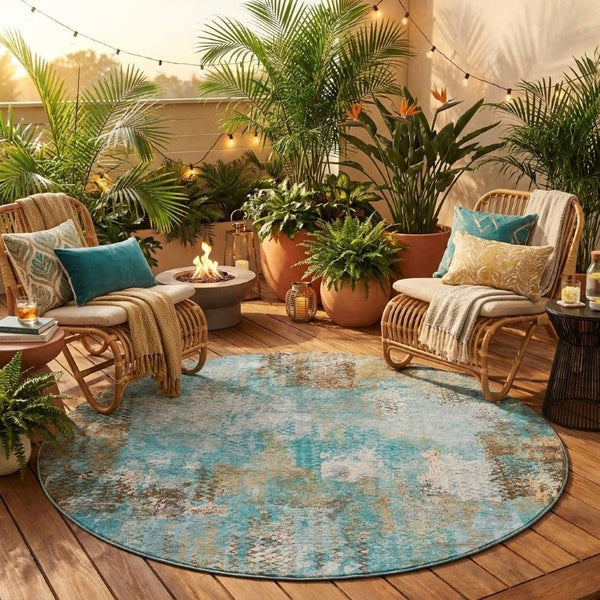 8 Ft Round Abstract Polyester Area Rug Washable Teal Pewter Patio or Family Room