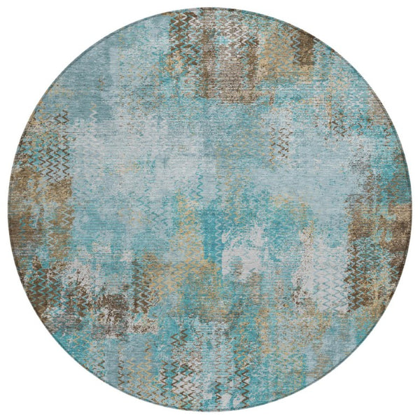 HomeRoots 8 Ft Round Abstract Polyester Area Rug Washable Teal Pewter Patio or Family Room 741545