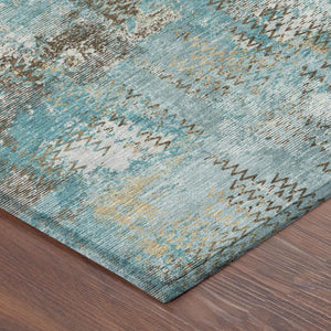 8 Ft Round Abstract Polyester Area Rug Washable Teal Pewter Patio or Family Room