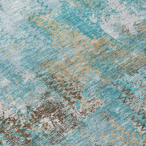8 Ft Round Abstract Polyester Area Rug Washable Teal Pewter Patio or Family Room