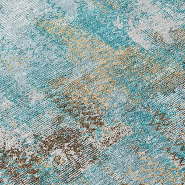 8 Ft Round Abstract Polyester Area Rug Washable Teal Pewter Patio or Family Room