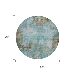 8 Ft Round Abstract Polyester Area Rug Washable Teal Pewter Patio or Family Room