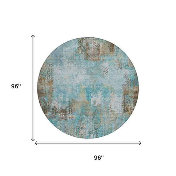 8 Ft Round Abstract Polyester Area Rug Washable Teal Pewter Patio or Family Room