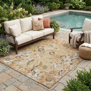 5 X 8 Copper Floral Polyester Area Rug Washable Stain Resistant Indoor Outdoor Use