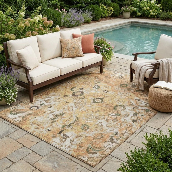 5 X 8 Copper Floral Polyester Area Rug Washable Stain Resistant Indoor Outdoor Use