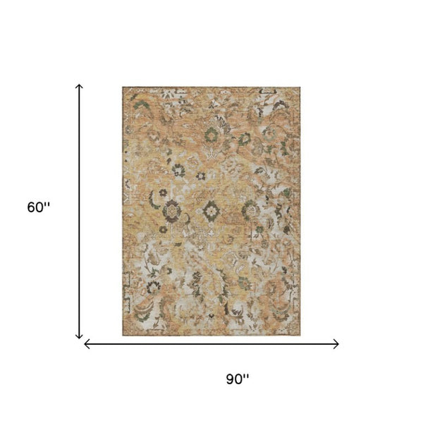 5 X 8 Copper Floral Polyester Area Rug Washable Stain Resistant Indoor Outdoor Use