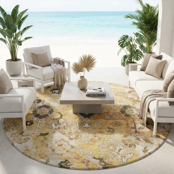 8 Foot Round Floral Polyester Rug Washable Stain Resistant Patio or Family Room