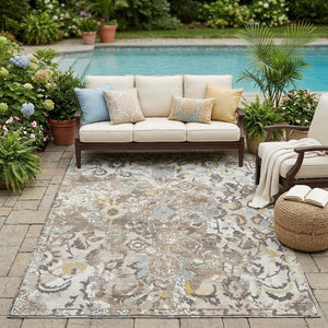 5x8 Ivory Pewter Floral Polyester Area Rug Washable Stain Resistant for Patio or Home