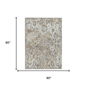 5x8 Ivory Pewter Floral Polyester Area Rug Washable Stain Resistant for Patio or Home
