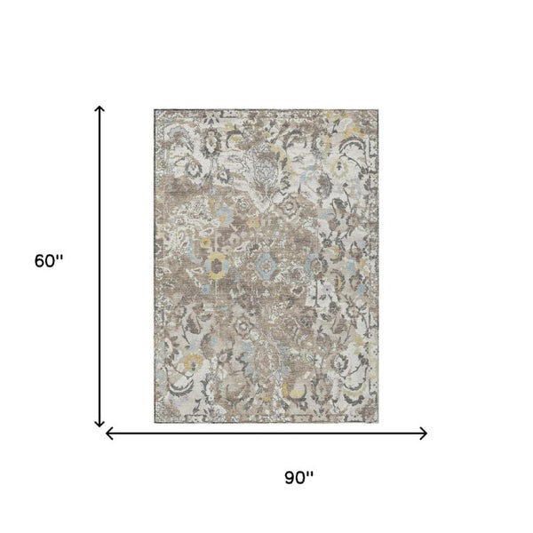 5x8 Ivory Pewter Floral Polyester Area Rug Washable Stain Resistant for Patio or Home