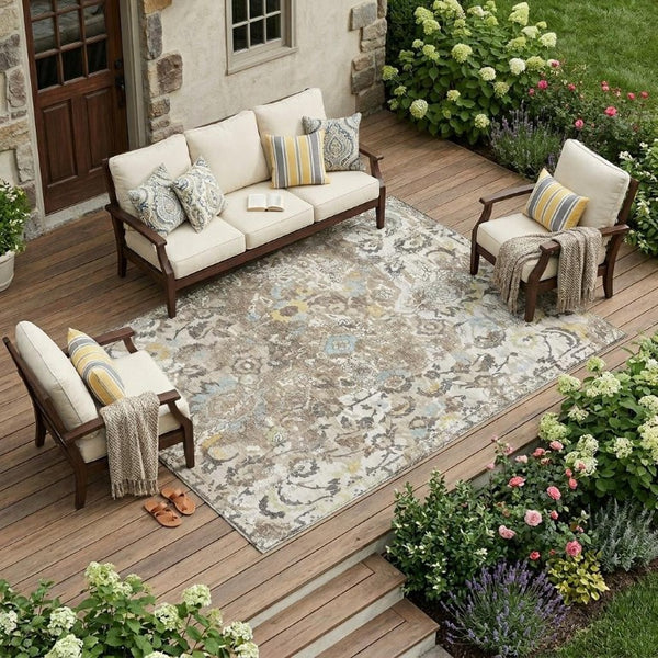 8x10 Ivory Pewter Floral Polyester Area Rug Washable for Patio Porch or Living Room