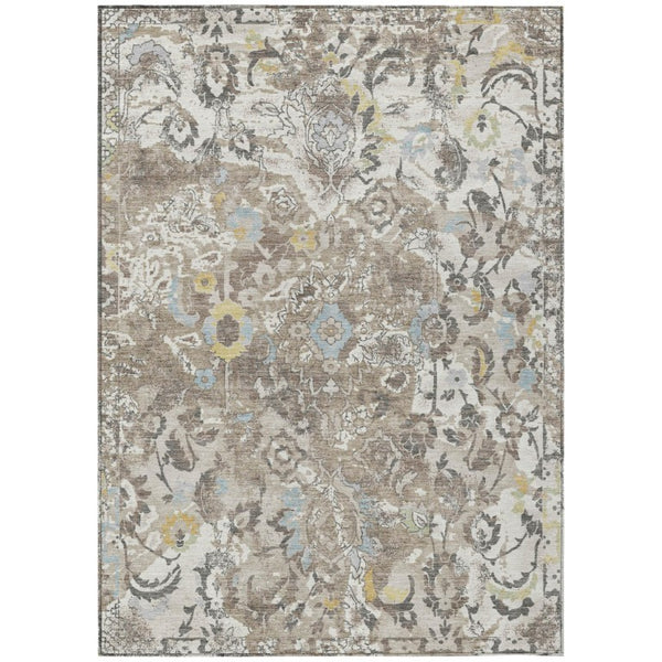 HomeRoots 8x10 Ivory Pewter Floral Polyester Area Rug Washable for Patio Porch or Living Room 741570