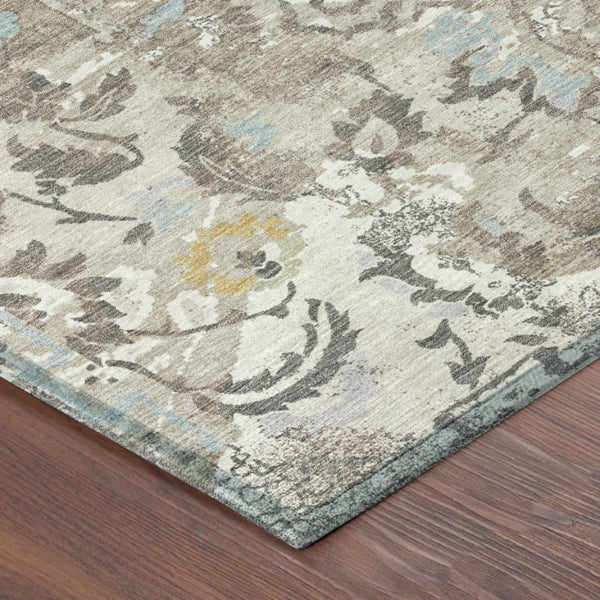 8x10 Ivory Pewter Floral Polyester Area Rug Washable for Patio Porch or Living Room