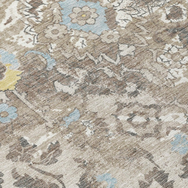8x10 Ivory Pewter Floral Polyester Area Rug Washable for Patio Porch or Living Room