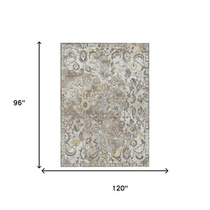 8x10 Ivory Pewter Floral Polyester Area Rug Washable for Patio Porch or Living Room